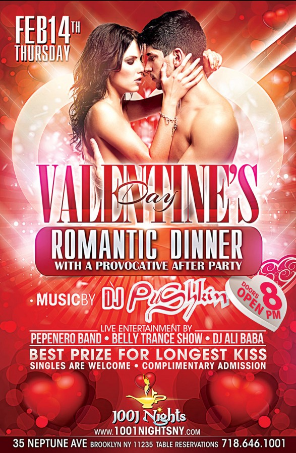 Flyer for Russian Valentines Party in Brooklyn, New York, 1001 Nights